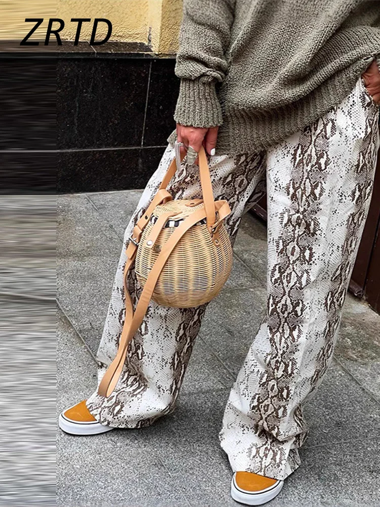 Street Women's Snake Print Pants Vintage High Waist Wide Leg Female Trousers 2025 Spring Summer Lady Y2k Baggy Straight Trouser