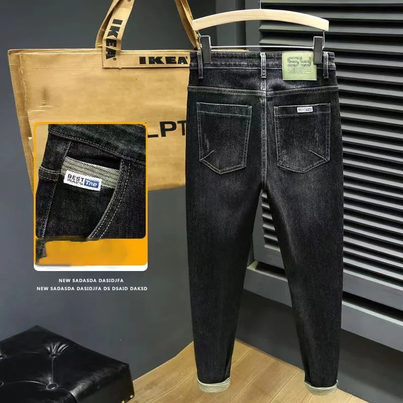 Autumn Trend Fashionable Casual Solid Color Men's Jeans 2023 New Vintage All-match Mid Waist Slim Pencil Trousers Male Clothes