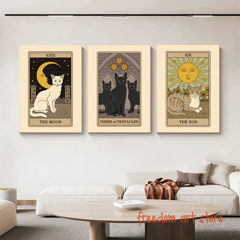 Cats Tarot Art Poster The Sun Queen of Wands Ace of Paws Knight of Cups Art Poster Canvas Painting Wall Print Picture Home Decor