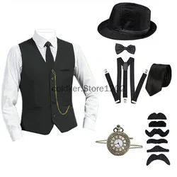 8 Pcs Set 1920S Mens Great Gatsby Accessories Set Retro Gangster Costume Tie Hat Black Vest Victorian Vintage Slim Waistcoat Set