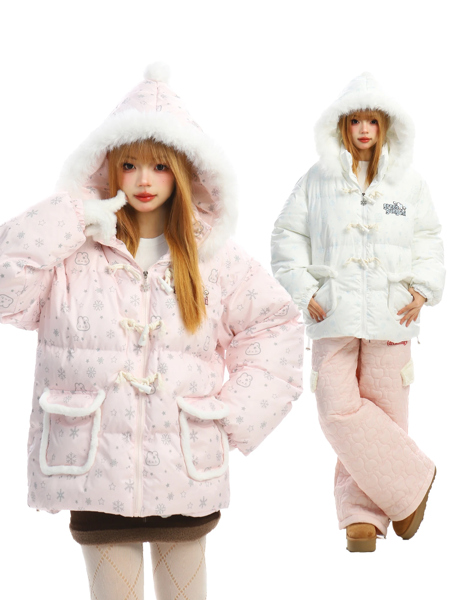 

Милое женское зимнее теплое пальто-куртка с капюшоном и воротником из кроличьего меха, с узором «Снежинка» и принтом «Медвежонок», хлопковое, для защиты от холода