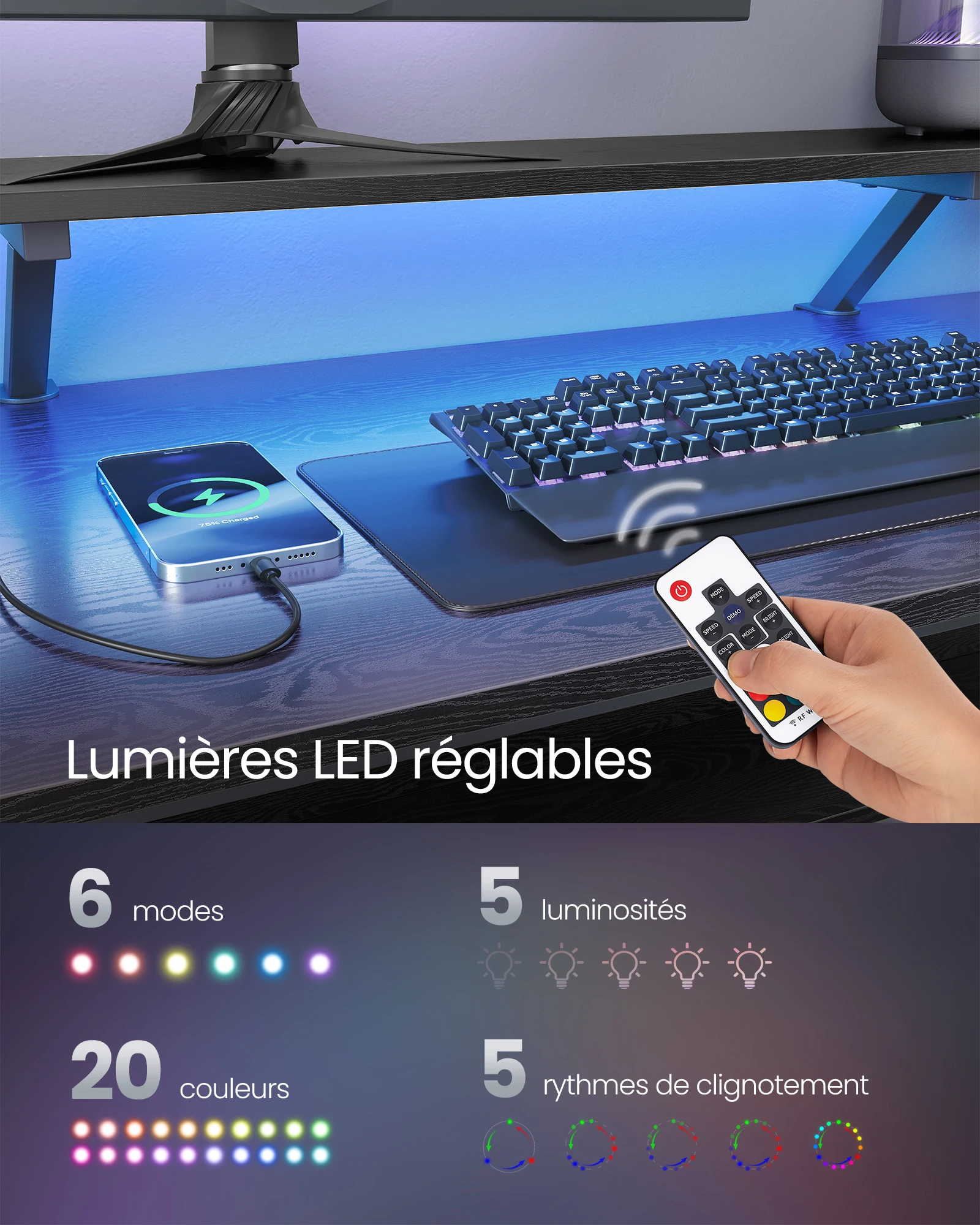 VASAGLE L-Shaped Desk with Sockets, Corner Desk, Computer Desk, Monitor Stand, Gaming Table, LED Lighting, USB Ports