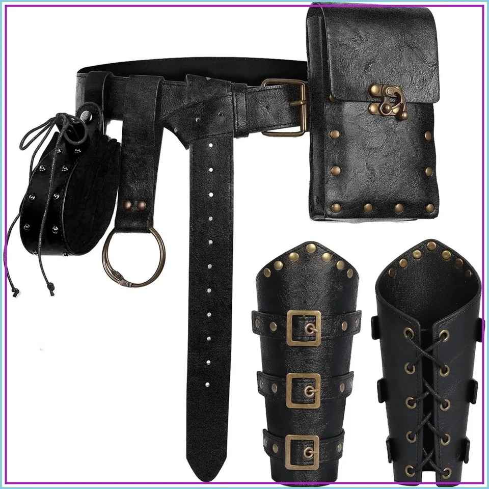 Medieval Viking Pirate Leather Pouch Set and Bracers