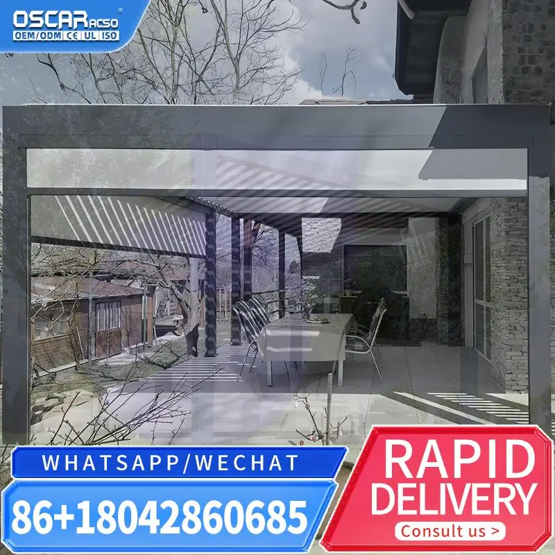 

Free Standing Waterproof Motorized Aluminum Louver Pavilion Ultraviolet proof Custom Bioclimatic Outdoor Shade Structure for Gar