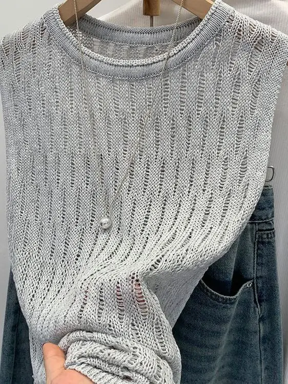 Unikatowa dzianinowa ażurowa kamizelka damska letnia luksusowa bluzka z wysokiej jakości mieszanki wełny odprowadzająca wilgoć okrągły dekolt