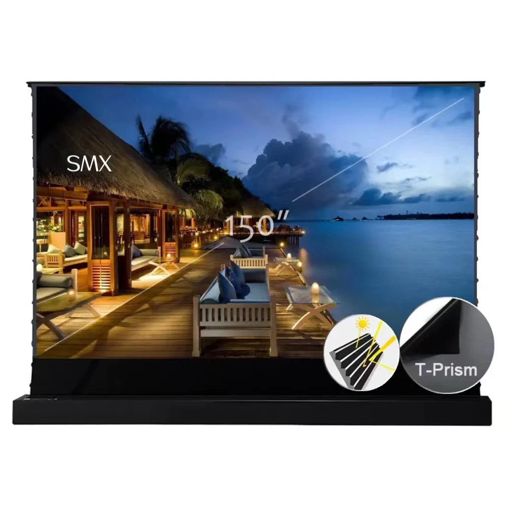 ALR Projector Screen Motorized With Remote, Floor Rising Projector Screen Tab Tension 100 Inch 16:9 Indoor Movie Video Home