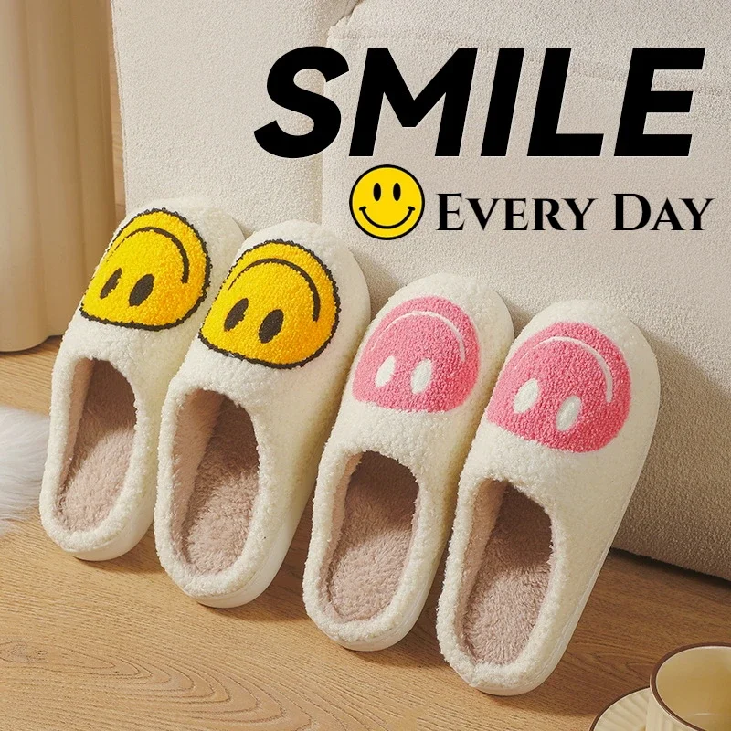 Female Warm Cotton Slippers, Autumn and Winter Couple Home Indoor Plush Slippers Non-slip Warm Clock Smiley Cotton Shoes Male