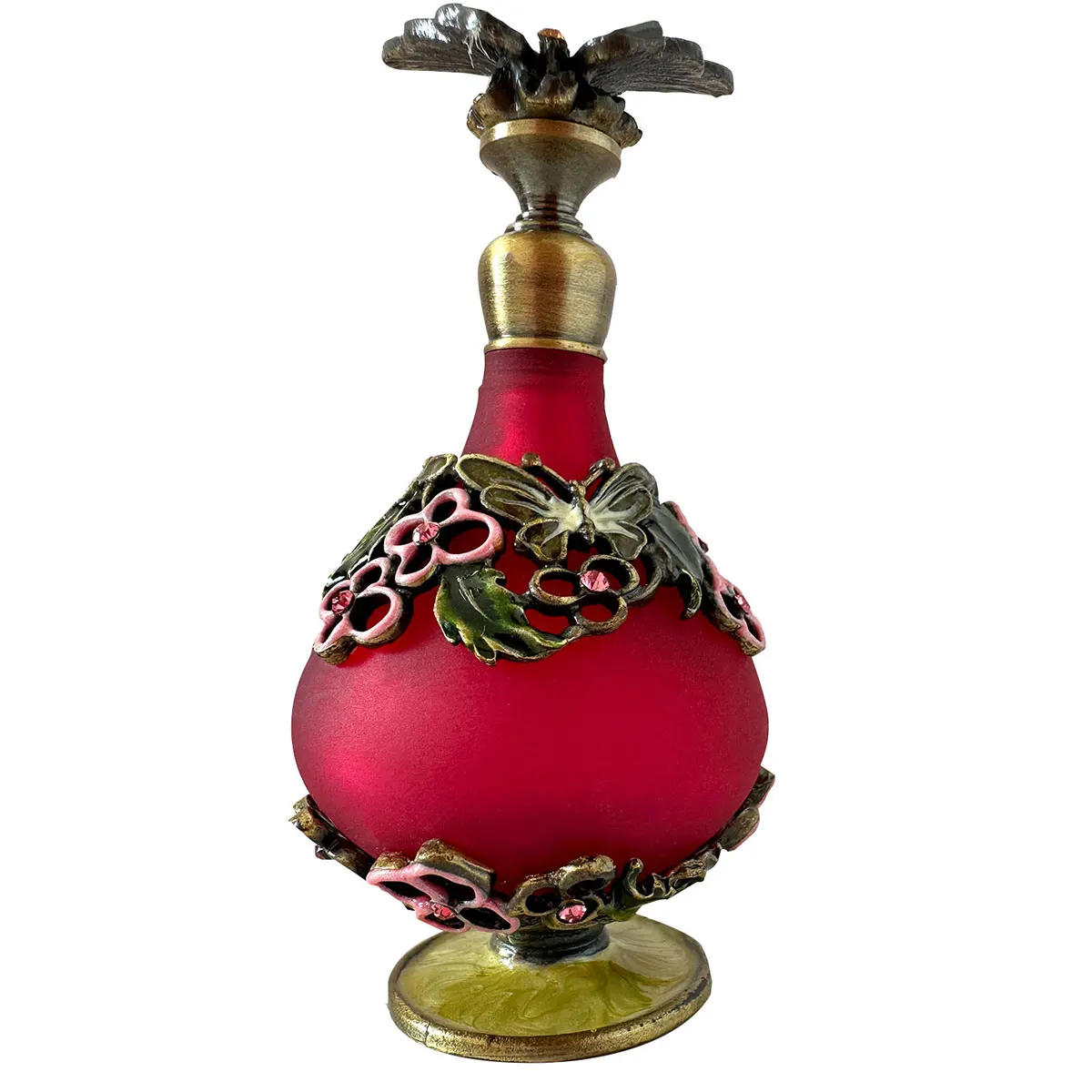 Vintage Red Perfume Bottle Butterfly Flower Decor Refillable Travel Antique Metal Empty Glass Dropper Women Girl Gift