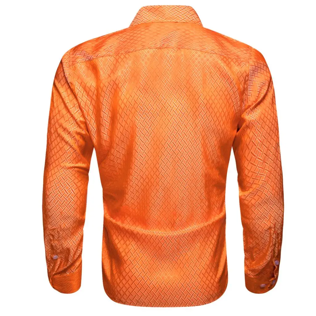 Luxury Silk Shirts for Men Satin Orange Solid Long Sleeve Slim Fit Male Blouse Casual Formal Tops Breathable Barry Wang