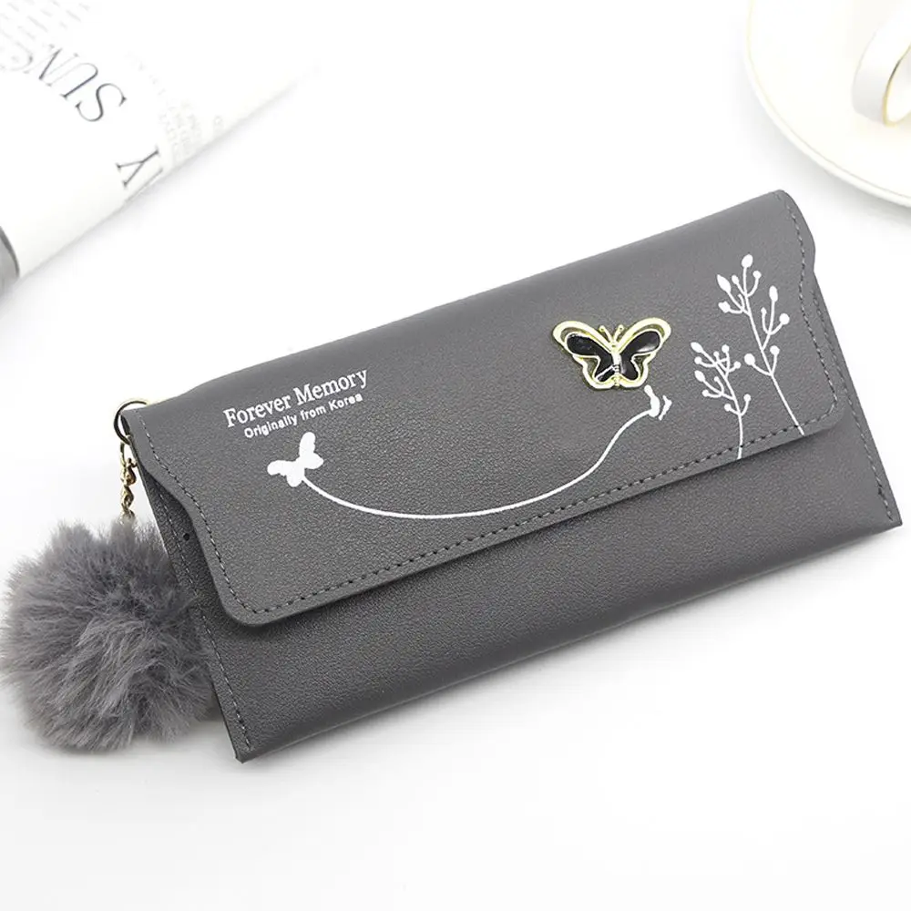 

Casual Simple PU Leather Card Bag Butterfly Long Bag Women Wallets Plush Ball Bow Clutch Bag Korean Style Wallets