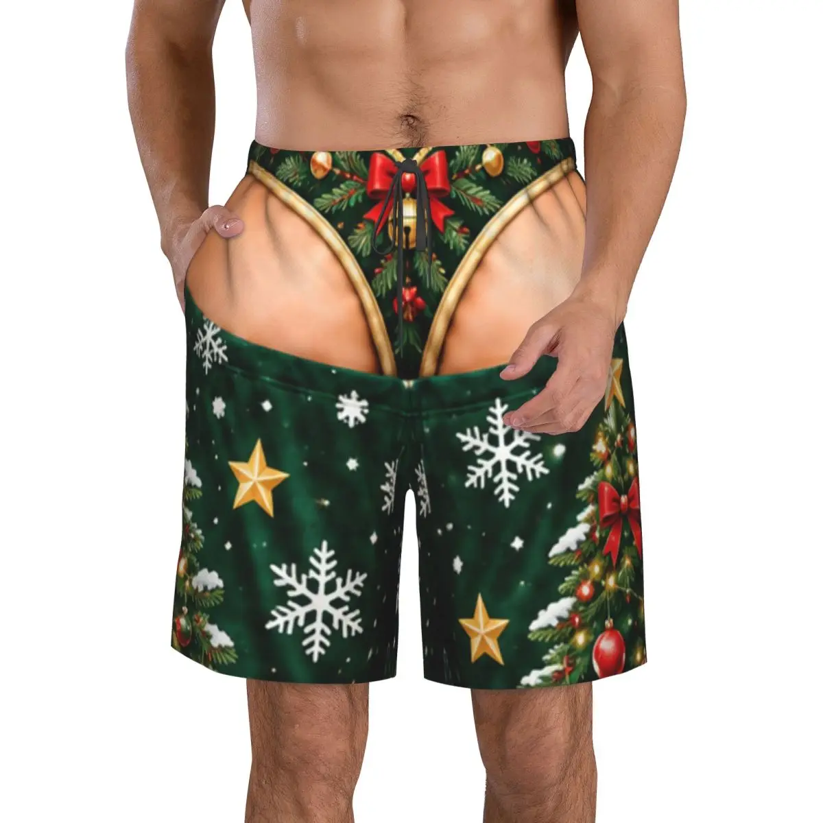 Mens Merry Christmas Santa Claus Snowman Swim Trunks  Board Shorts with Mesh Lining Hawaii Beach Shorts Swimwear Bathing Suits
