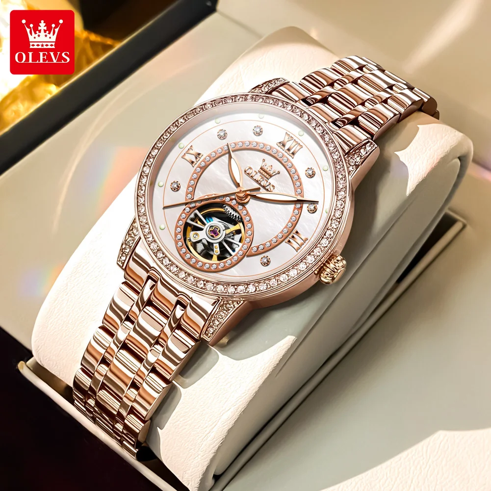 OLEVS 7036 Elegant Mechanical Movement Watch For Women Starry Dial Skeleton Flywheel Luminous Function 30m Waterproof Watch