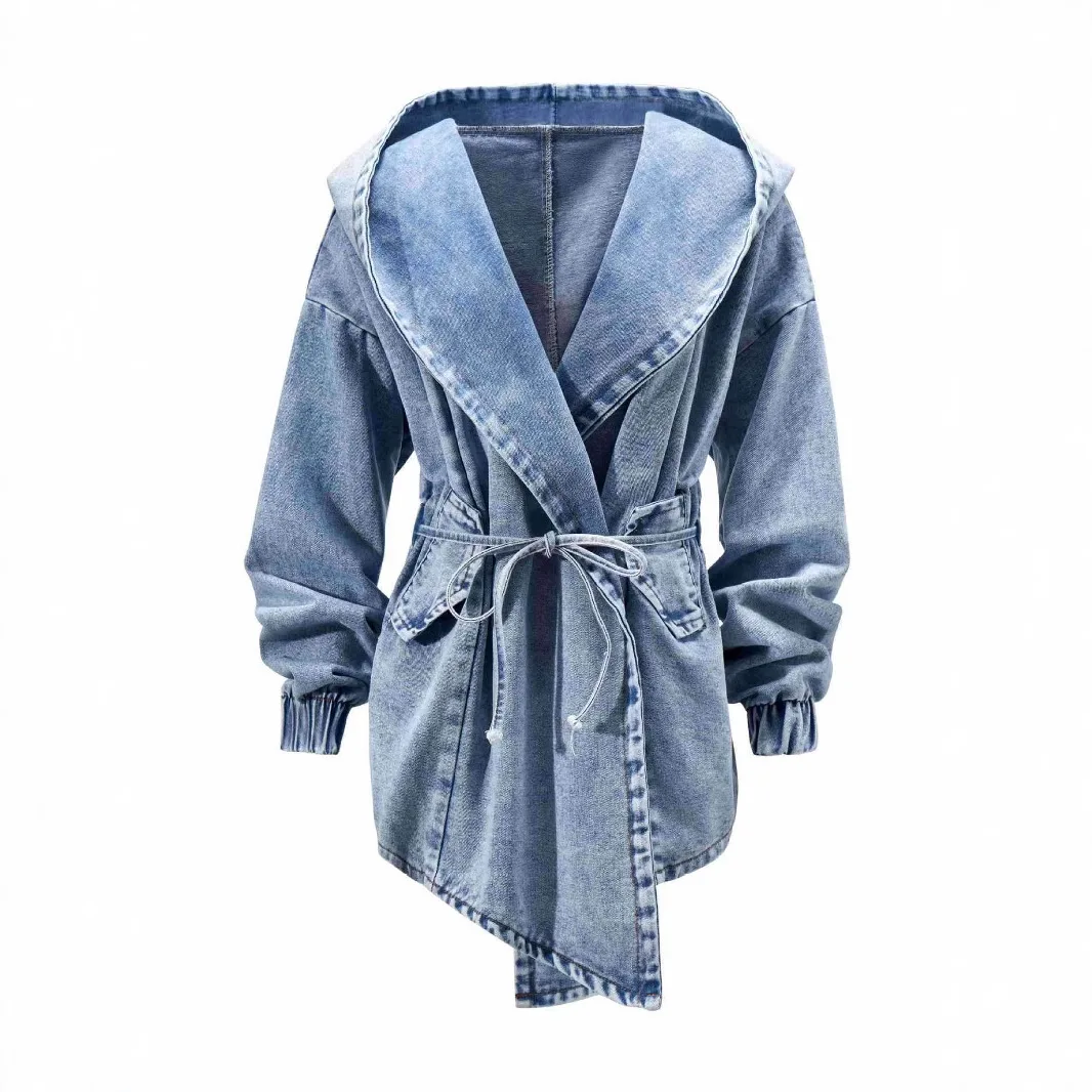 

Spring Autumn New Hooded Denim Trench Coat Elegant Lace Up Long Sleeved Denim Jacket Women's Korean Medium Long Cardigan Top