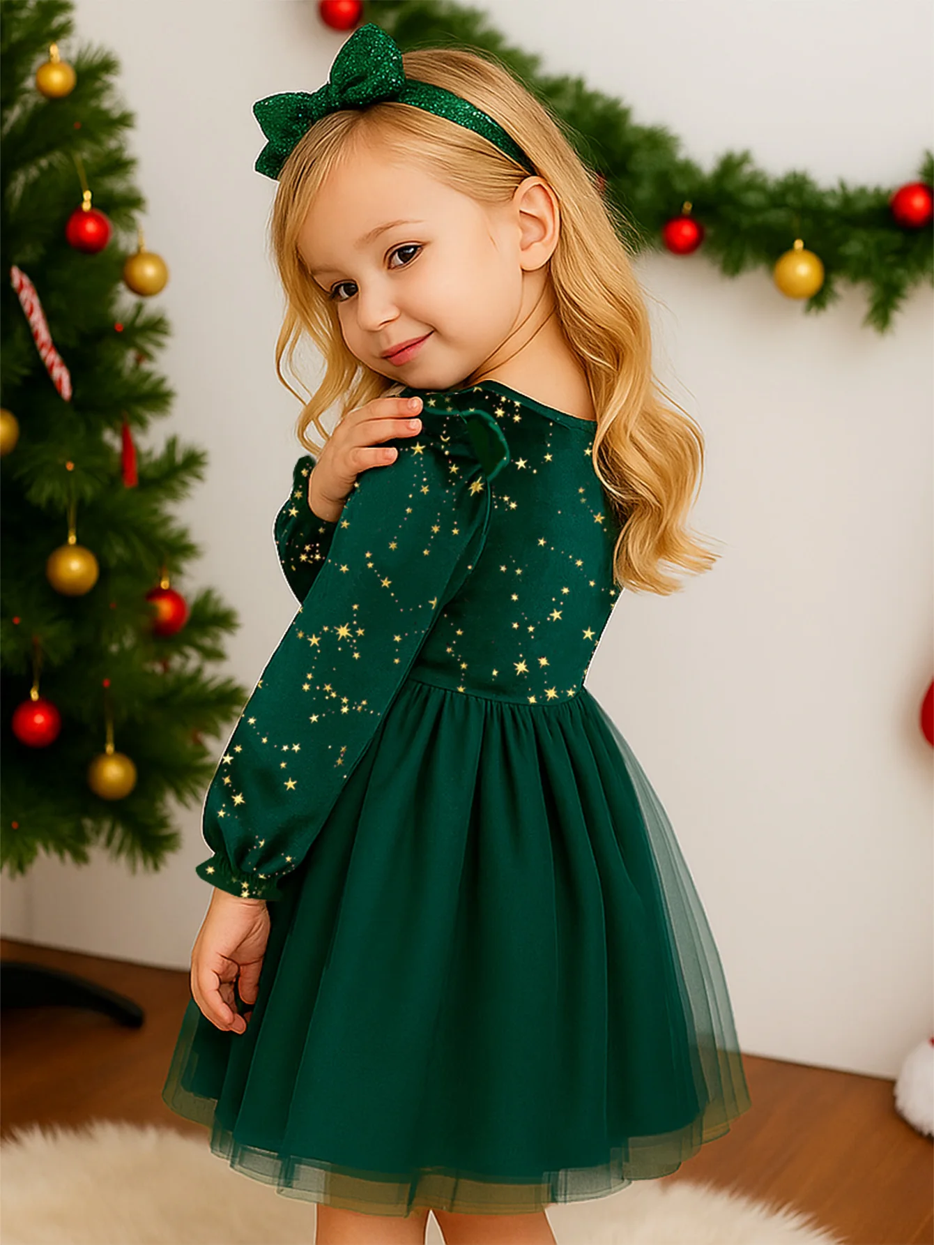 Mädchen Samt Langarm Prinzessinnenkleid Weihnachtssternmuster Herbst Winter Kinderkleidung Kindermode – Detail 3