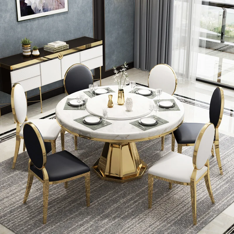 Luxury Gold Metal frame round marble top marble turntable dinner table for dining room furniture