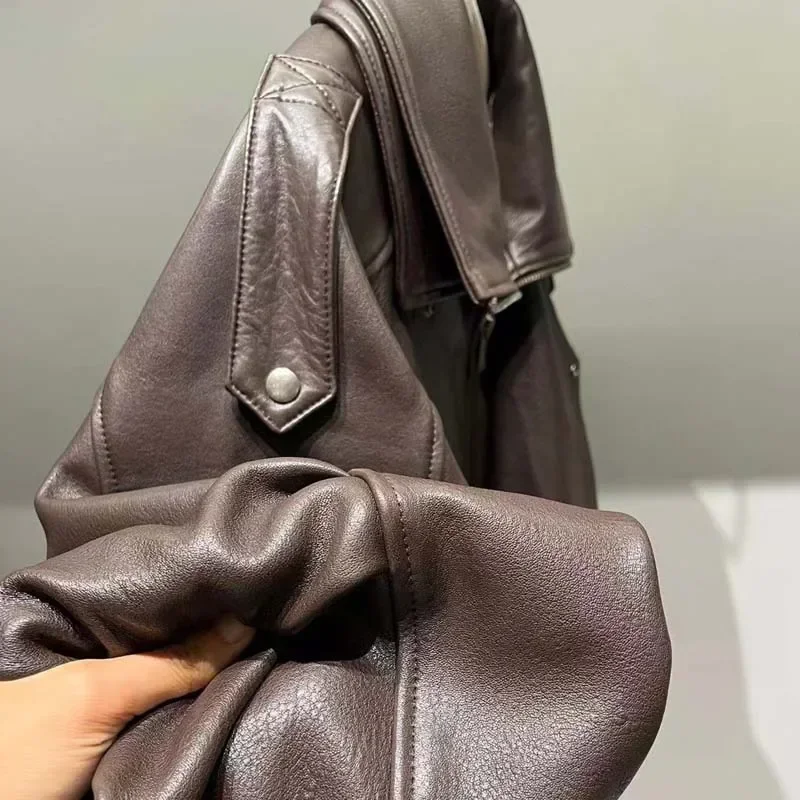 سترة نسائية فضفاضة من الجلد الطبيعي موديل 2025 بأكمام طويلة معطف كاجوال فاخر لربيع الخريف للسيدات