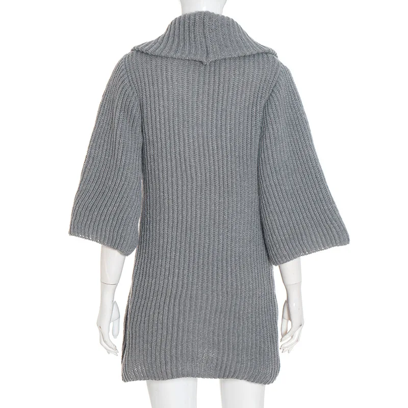 Stylish Lady Knitted Dress 2025 Autumn Women Half Sleeve Swinging Collar Casual Loose Street Gray Mini Vestidos De Festa