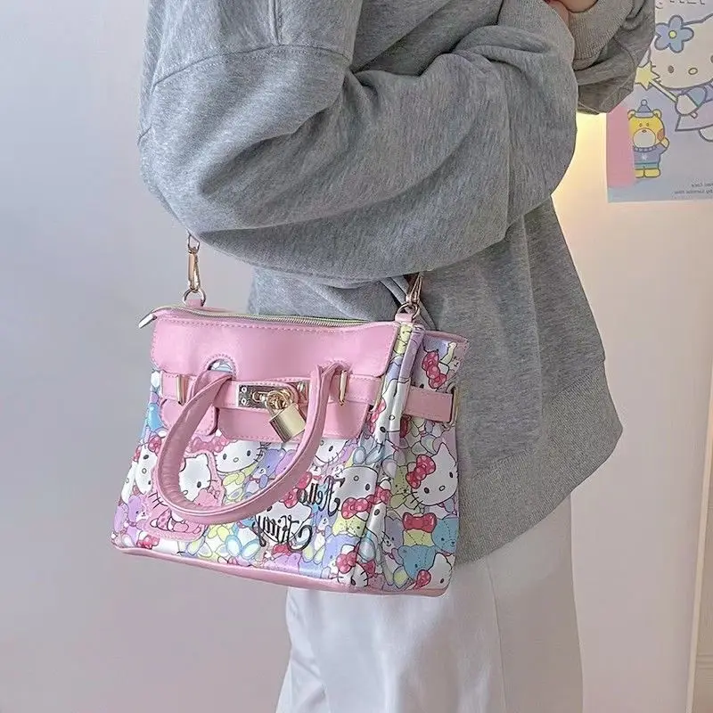 Sanrio Hellokitty Elegant PU Square Handbags Kawaii Cartoon Kitty Y2k Shoulder Bag Pink Lolita Girl Crossbody Bags Birthday Gift