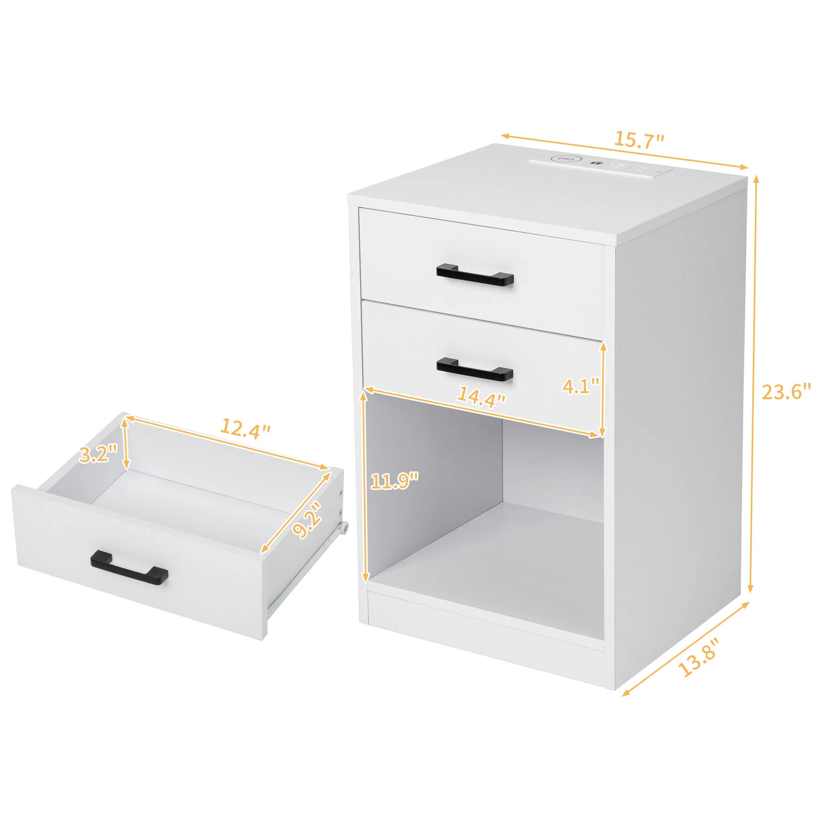 FCH 40x35x60CM Particleboard Pasted Triamine Two Drawers With Socket With LED Light Bedside Table White/Black