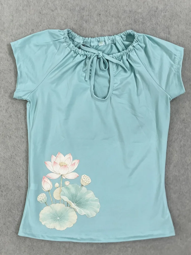 Light Lake Blue New Chinese T‑Shirt Women Drawstring Halter Hollow Lotus Print Slim Top