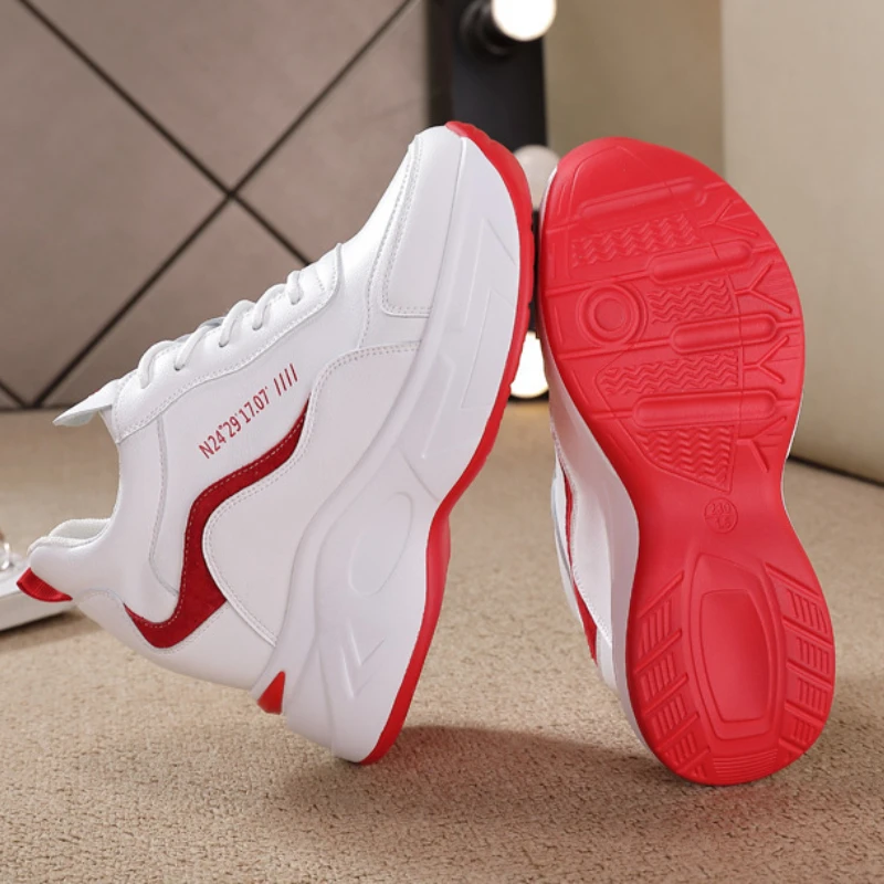 Women Leather Platform Sneakers Spring Trainers White Shoes High Heels Wedge Outdoor Sport Shoes Breathable Casual Shoes New