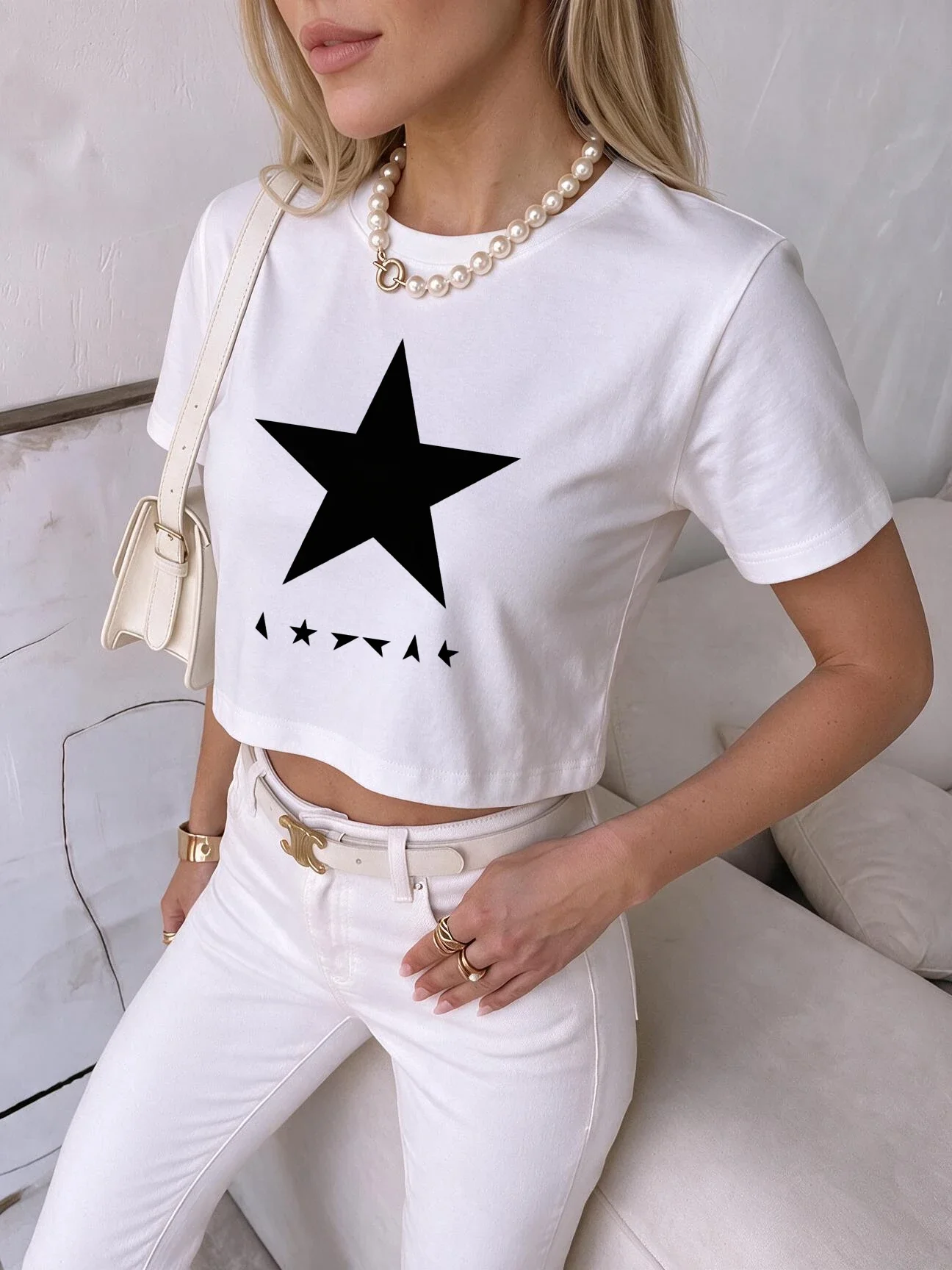 90s Graphic Cropped T Shirt Five Pointed Star Print Sexy Round Neck Crop Tops Women's Y2K Vintage Short Sleeve T-Shirt Clothes