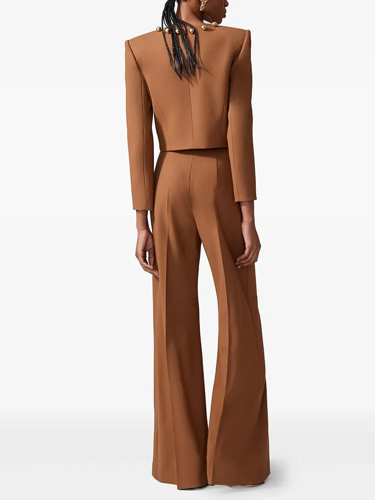 HIGH STREET Newest Fashion 2026 Designer Runway Suit Set Women's Round-neck Simple Buttoned Decor Short Jacket  Pants Suit 2pcs