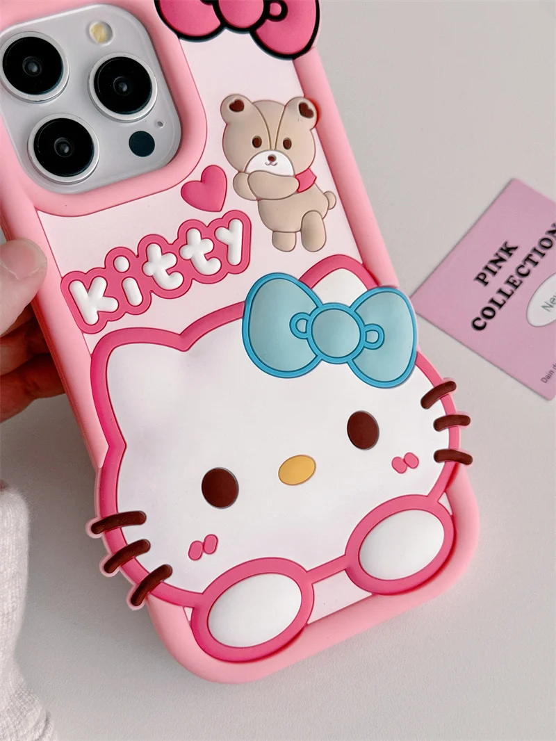 Cute Bow Hello Kitty Bear Silicone Phone Case For iPhone 13 12 11 14 15 16 Pro Max 3D Heart Love Pink Be shy Kitty Bow KT Cover