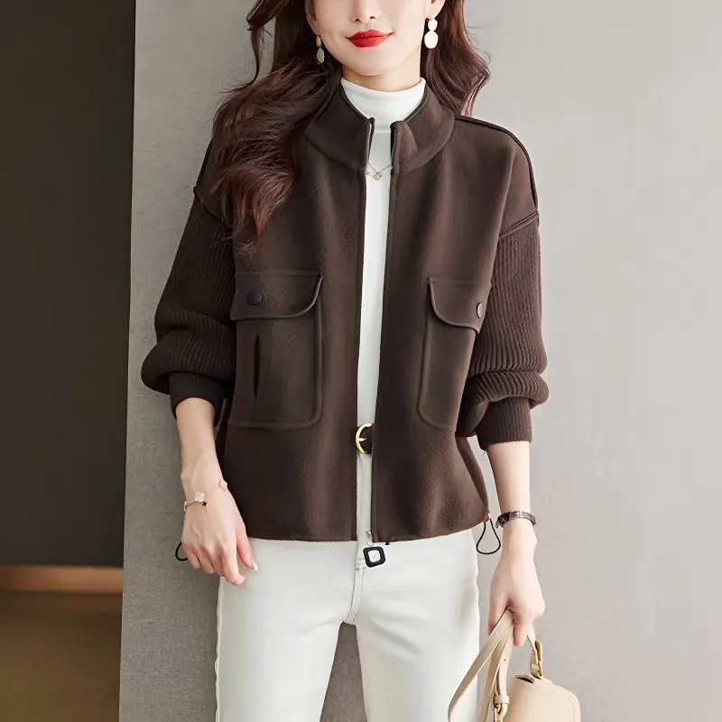 

Women's Knit Zippered Jacket With Pockets And Spliced Design For Office Wear In Spring And Autumn Season