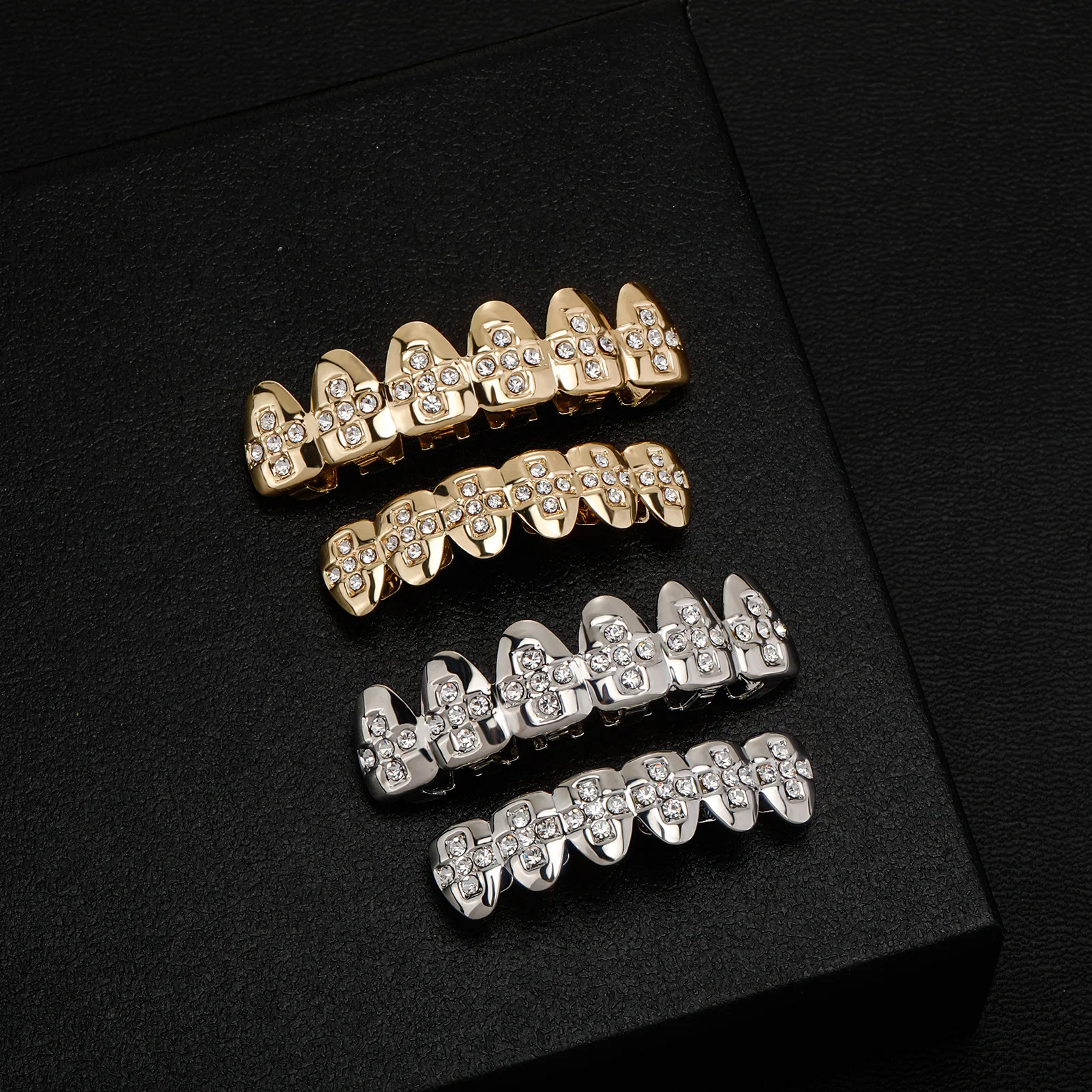 Hip Hop Iced Out Cross Grillz Full Diamond Teeth Gold Silver Punk Bling Top Bottom Rapper Metal Mouthpiece Jewelry