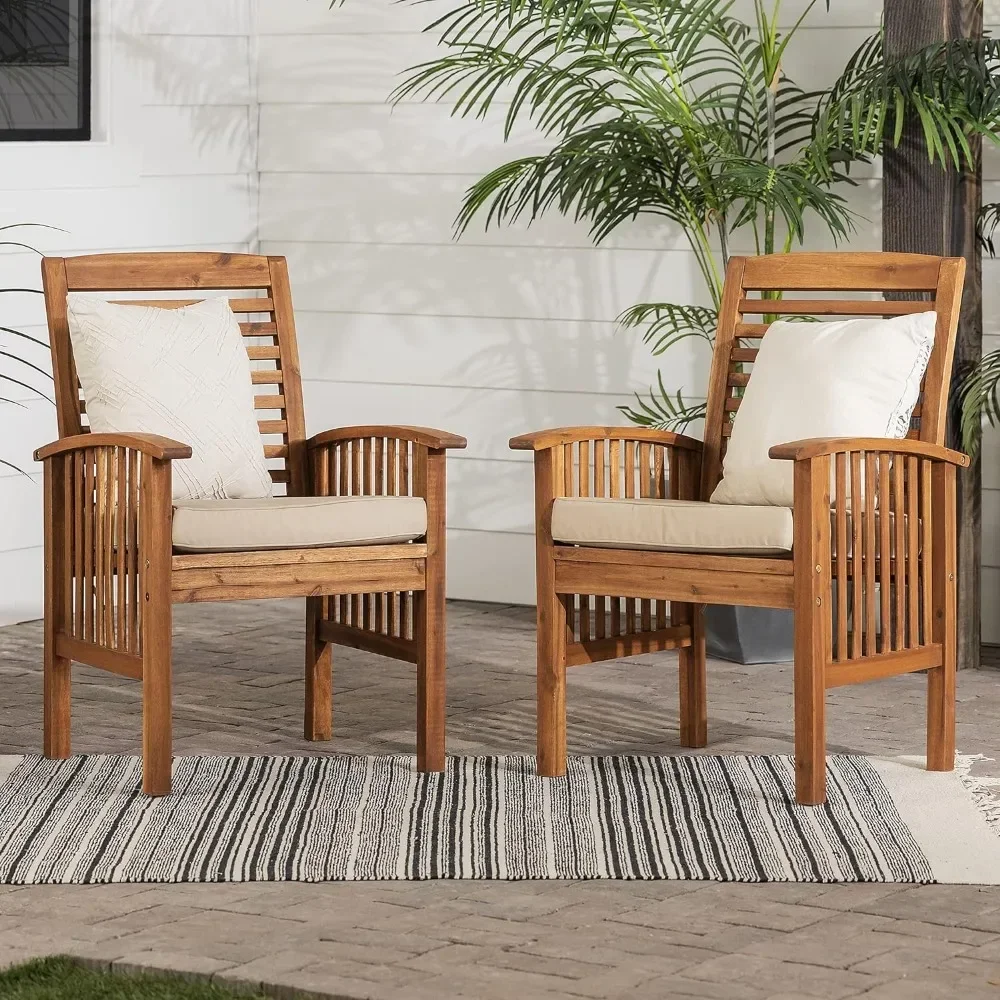 

th Modern 2 Piece Solid Acacia Wood Slat Back Outdoor Dining Chairs, Set of 2, Brown
