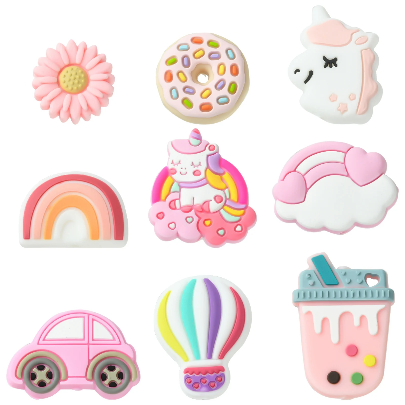 Pandahall-Grânulos de Silicone de Grau Alimentar, Unicórnio Rosa Rainbow Daisy Beads, Caneta DIY, Colares Making, 9 Estilos, 18Pcs