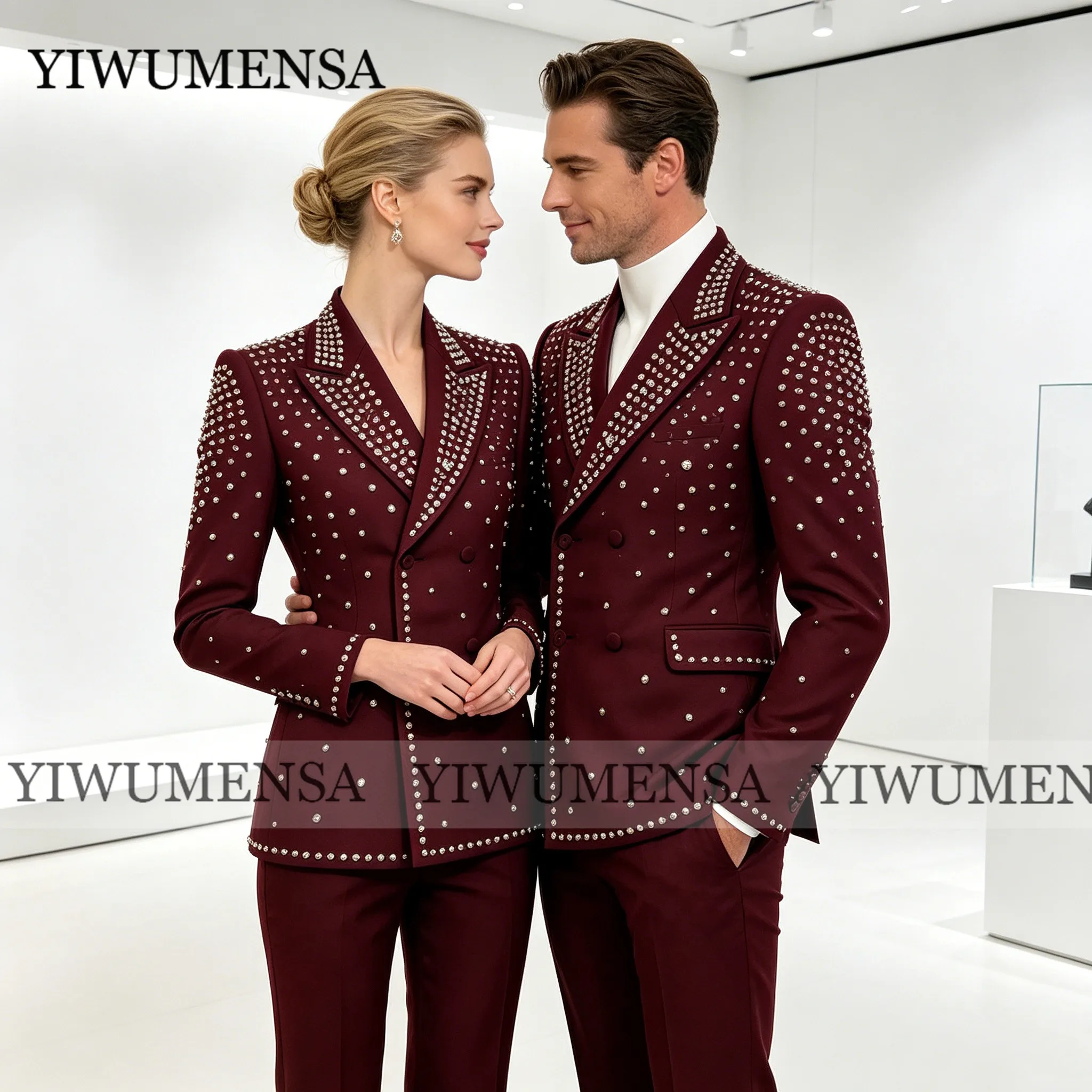 

Elegant Rhinestones Beaded Suit Men Formal Wear Double Breasted Jacket Pants 2 Piece Sets Groom Tuxedos Customized Man Outfits