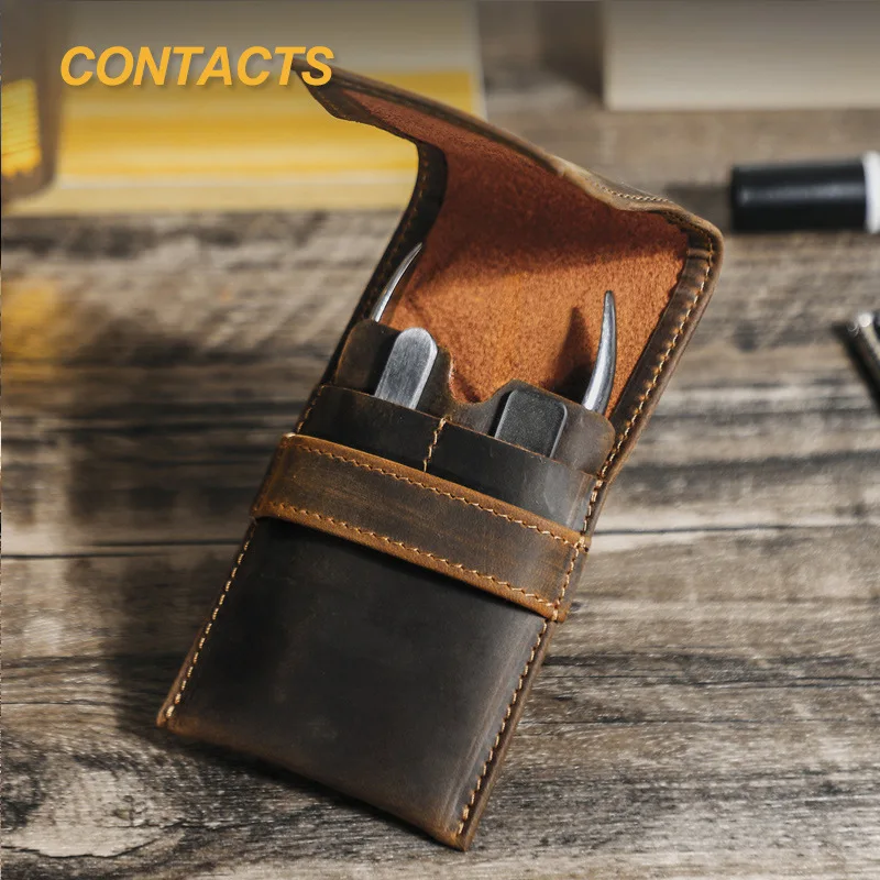 Retro Crazy Horse cowhide travel eyebrow clippers, makeup tools storage, portable ring clippers, makeup bags