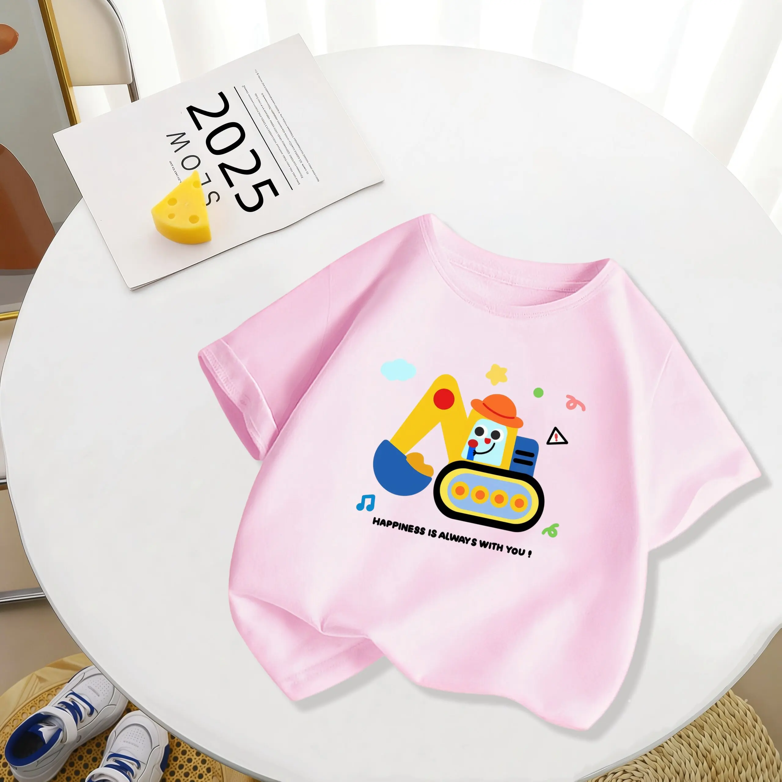 Boys' Short Sleeved Children's T-shirt Summer Cartoon Excavator Skin Friendly Half Sleeved Girls' T-shirt Parent-child Outfit