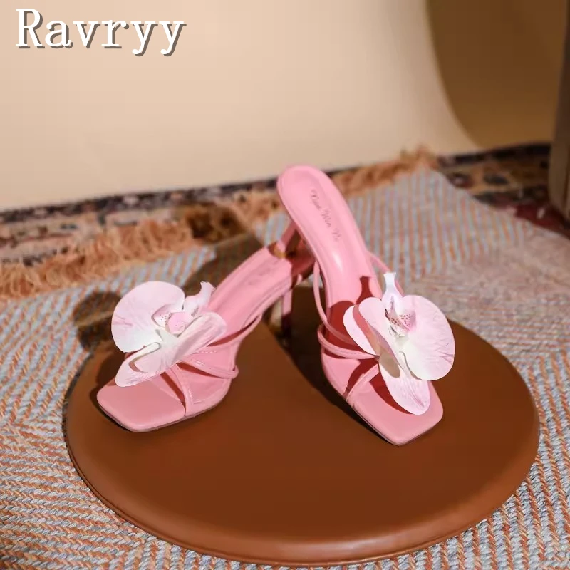 Summer New Flower Decorative High Heel Sandals Women Designer Square Open Toe Slippers Sweet Girls Outwear Dress Beach Shoes