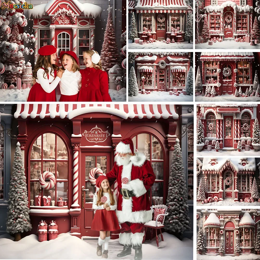 

Red Christmas Candy Shop Backdrop Santa Claus's Work Gift Store Booth Background Photography Prop Kids Portrait Snowy Photozone