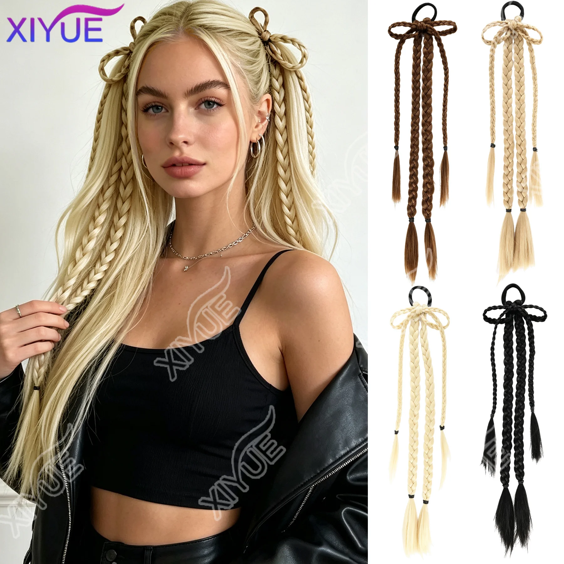 XIYUE bow Pigtails Wig Synthetic Extensions Ponytail 18inch Highlighted Boxer Braids with Rubber Band False Women Hairpiece XY