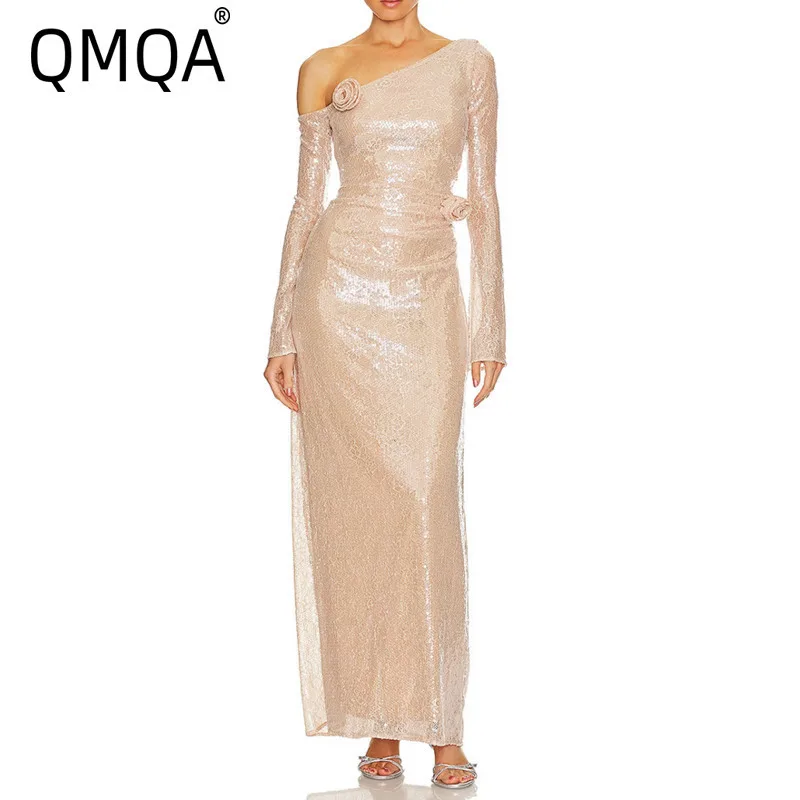 

QMQA Fashion Women's Banquet Dresses Sequined Long Sleeved Hollow Out Inclined Shoulder Solid Party Dress 2025 Female New QM95