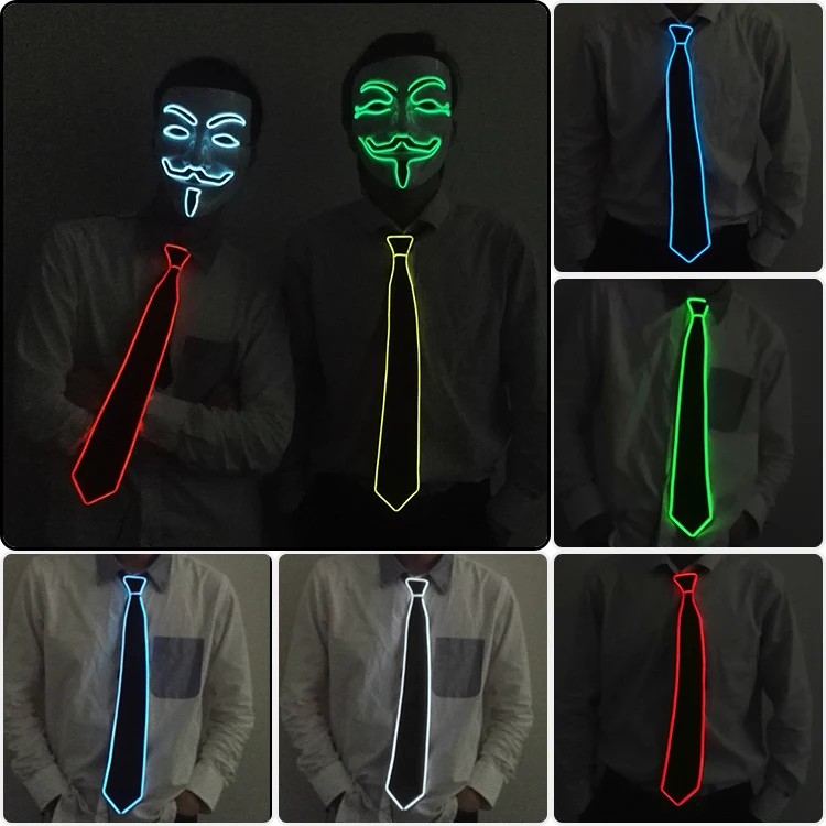 Men Gift Neon EL Wire Glowing Black Ties Fedor Hat Wedding Party Decor LED Luminous Neck Ties For Men DJ Bar Club Stage Prop