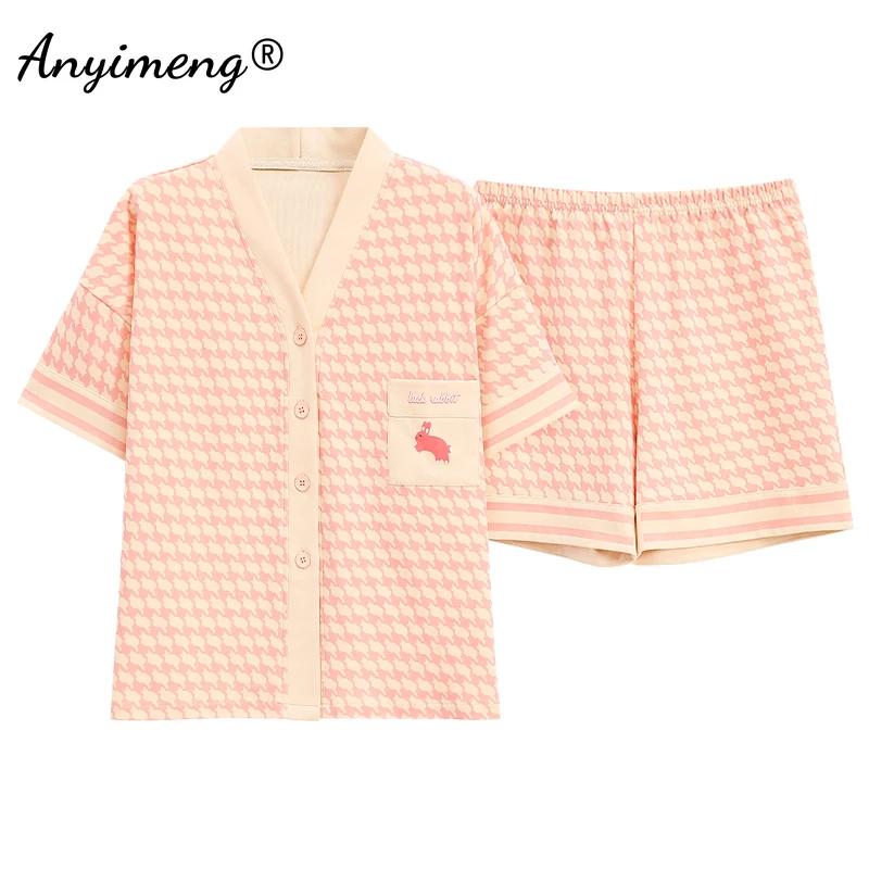 Summer Women Cotton Pajamas Set Kimono V-neck Casual Sleepwear Leisure Loungewear Cute Cartoon Girls Pijama Plus Size Homewear