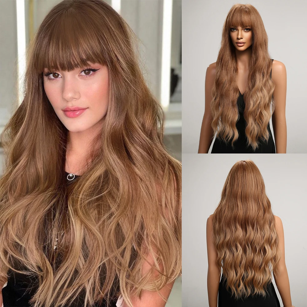 

ESIN Natural Synthetic Wig with Bangs Long Wavy Ombre Light Brown Wigs for Women Use Daily Party Cosplay Heat Resistant Fiber