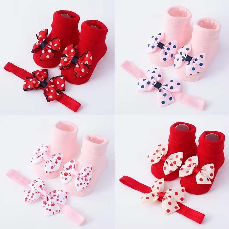 Calcetines de diadema para niña recién nacida, lazo estampado de puntos, banda para el cabello, accesorios para el cabello, regalo de Navidad