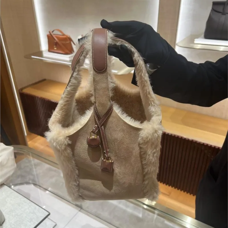 

JIAERDI Vintage Khaki Plush Bucket Handbag Women Matte Large Capacity Shoulder Bags Ladies Fashion Casual Versatile Handbag 2025