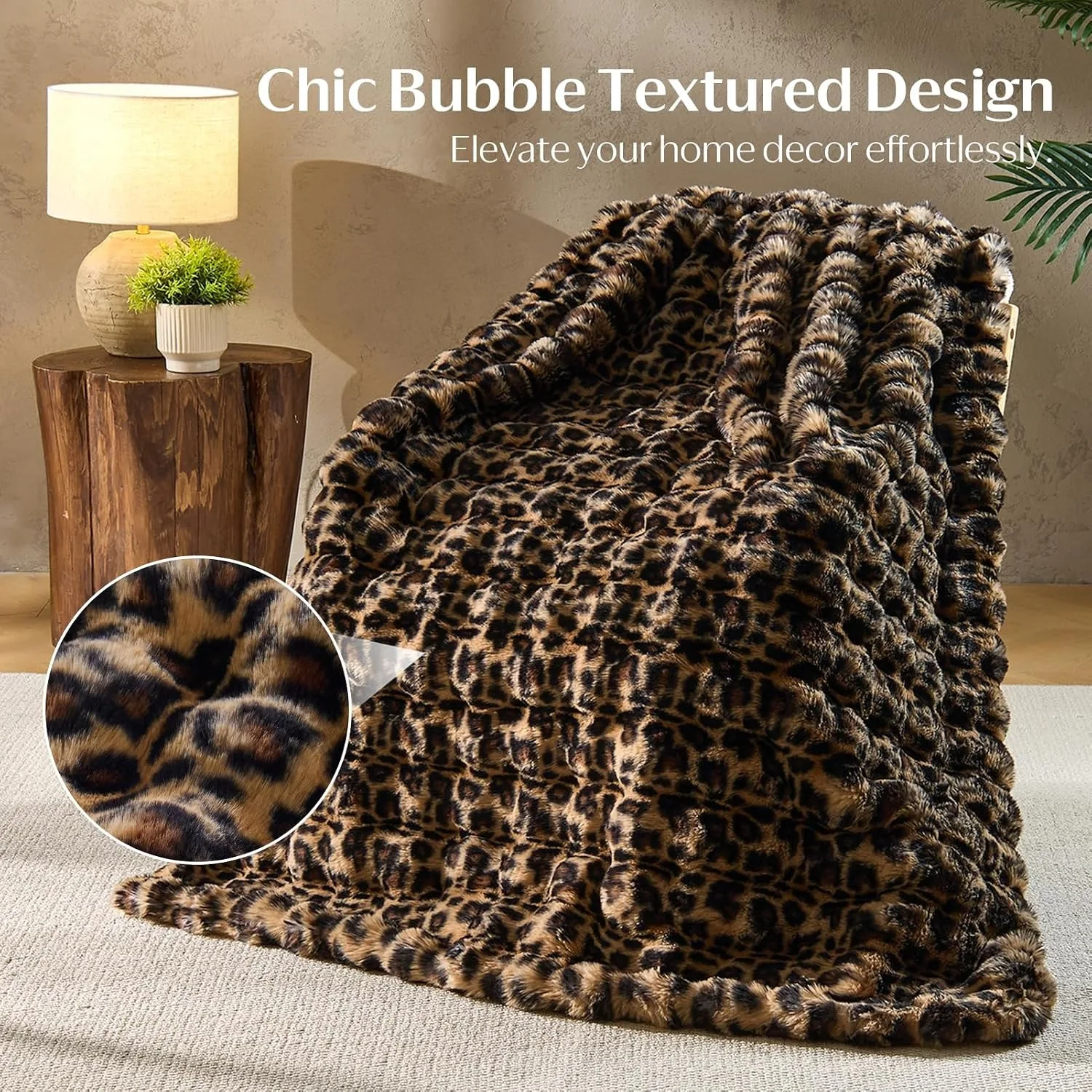 Ultra Soft Faux Fur Throw Blanket Leopard Print Fluffy Fuzzy Bubble Sofa Bedroom Fleece Minky Blanket for Couch