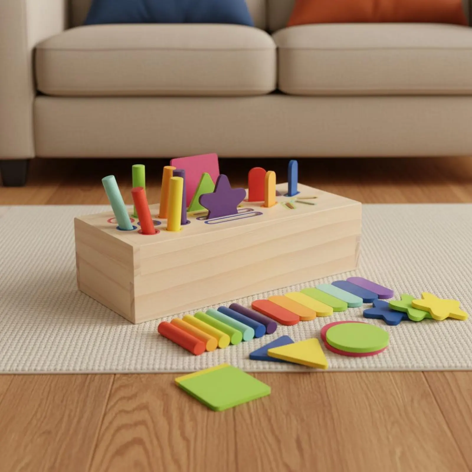 Triple-Function Educational Toy Box Develops Fine Physical Coordination Skills Wooden Color and Shape Activity Young Child Shape