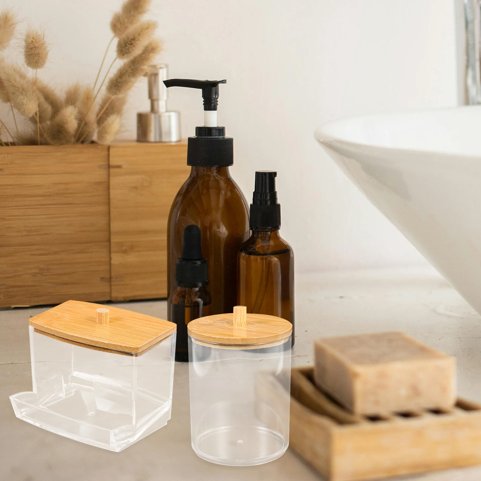 

Cotton Swab Jars 1 Set Clear Makeup Pads Dispenser Storage Box Bamboo Lid Organizer For Cotton Swabs Toothpicks Small Bathroom