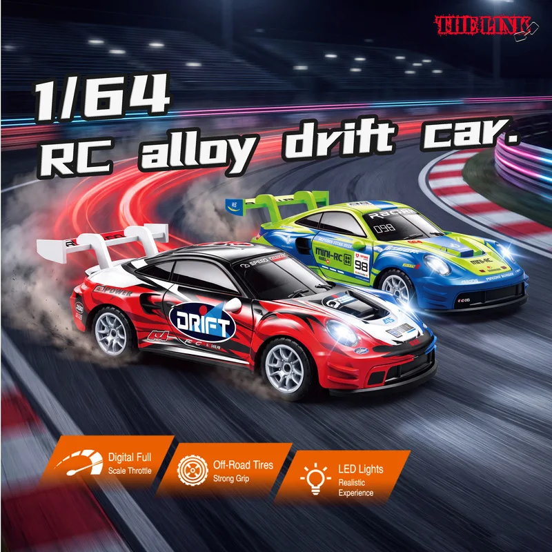 1/64 Alloy RC Drift Car 4WD Full Proportional Remote Control High Speed Mini Racing Model with LED Lights for Tabletop