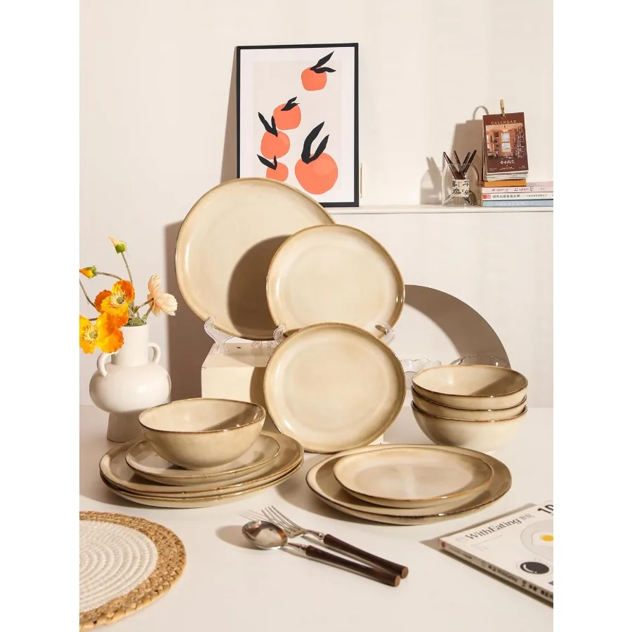 Decosignature Modern 12Piece Ceramic Dinnerware Set for 4 Microwave Dishwasher and Oven Safe Kitchen Plates and Bowls Stackable