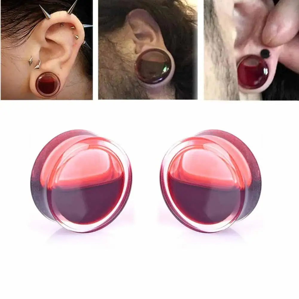 1Pair Halloween sangre roja líquido doble lleno oído taco sillín moda unisex tapones de oído túneles de carne unisex perforación joyería